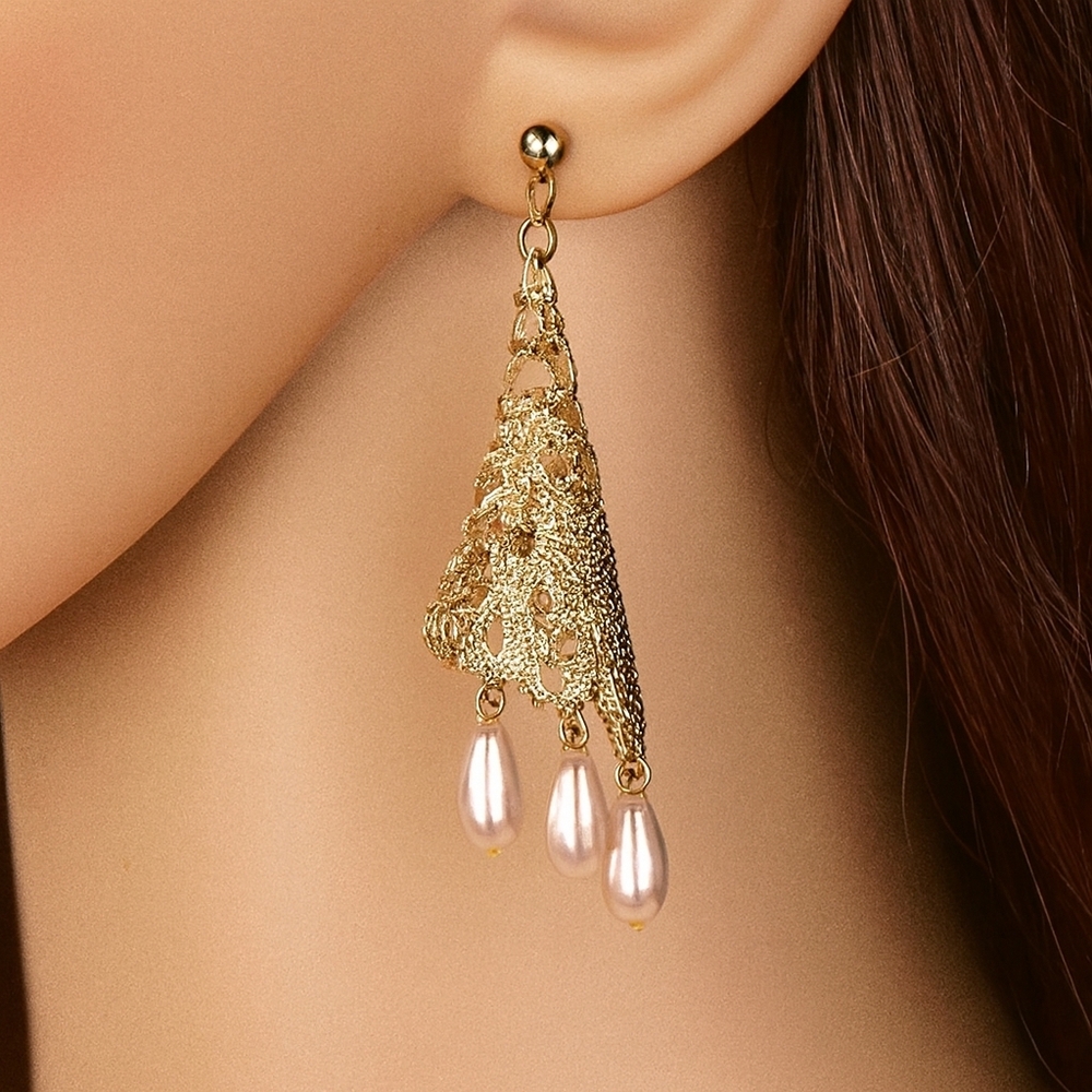 Gold Filigree Design Long Beads Drop Dangle Earrings Women Jewelry  #2